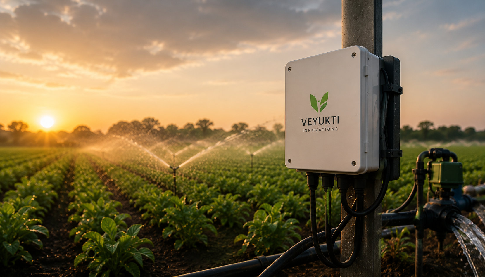 Veyukti controller box installed on a farm with irrigation sprinklers running at sunrise