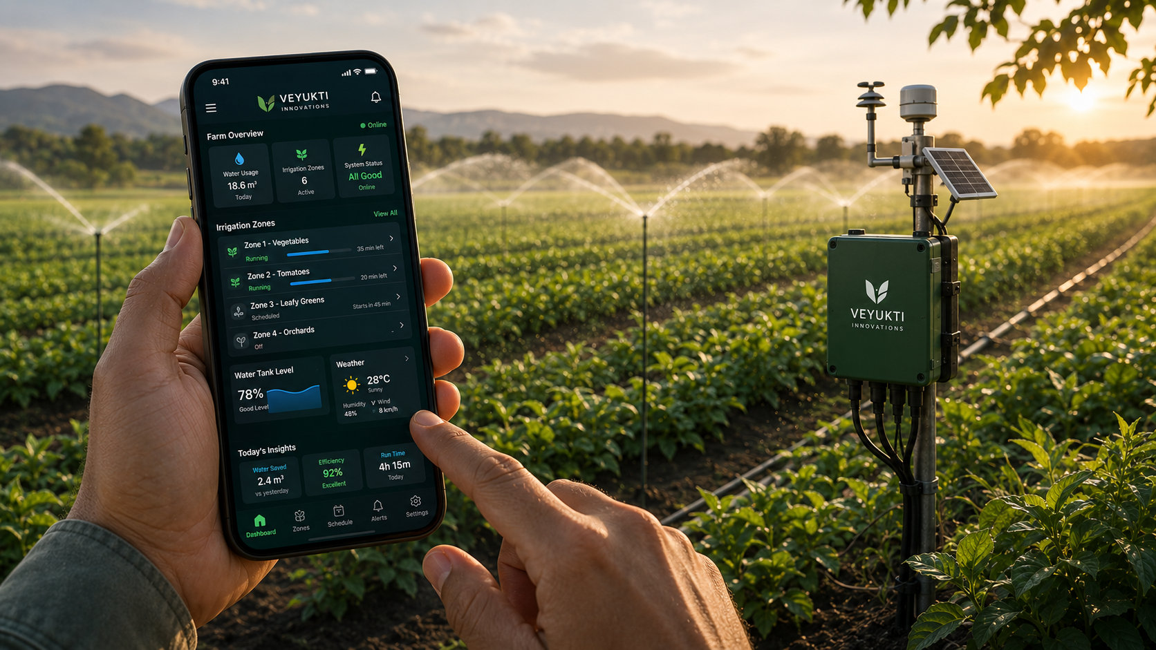 Veyukti mobile app dashboard showing farm irrigation details with sprinklers in the background