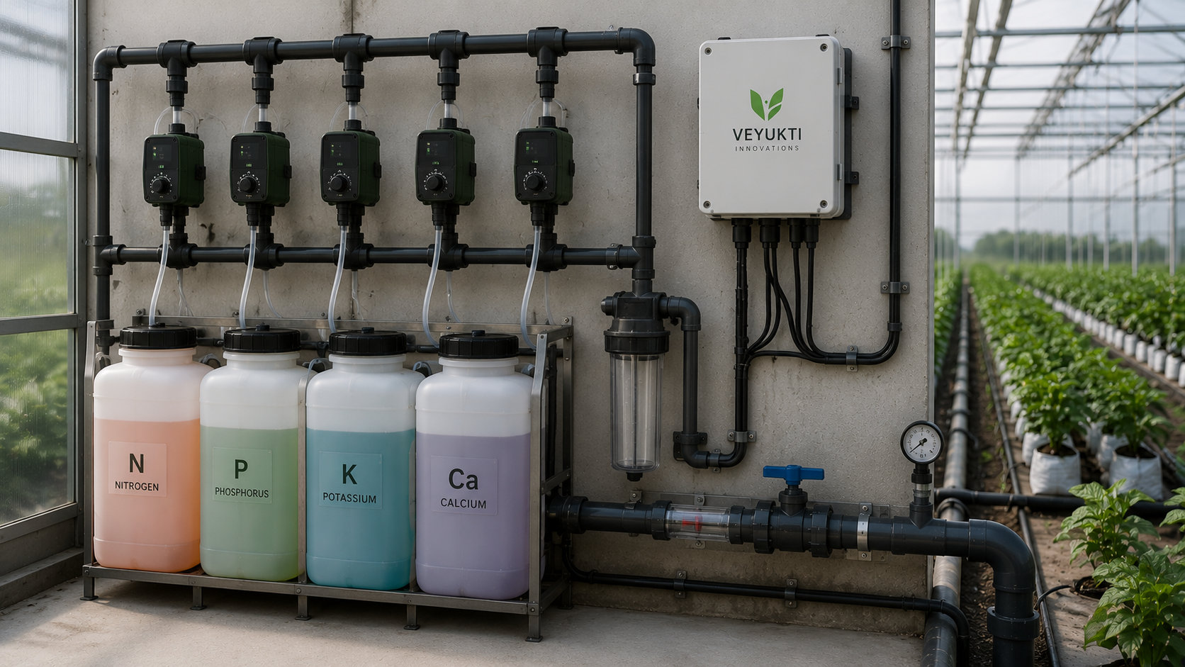 Veyukti nutrient delivery system installed inside a greenhouse