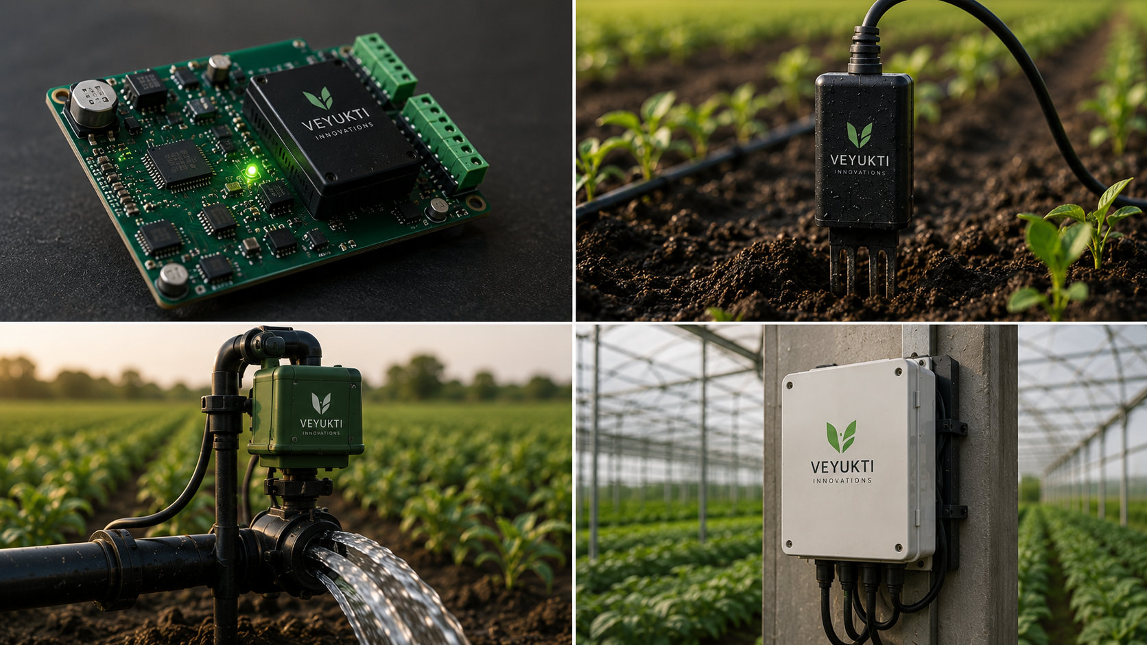 Veyukti smart farming product previews including PCB, soil probe, irrigation control, and controller box